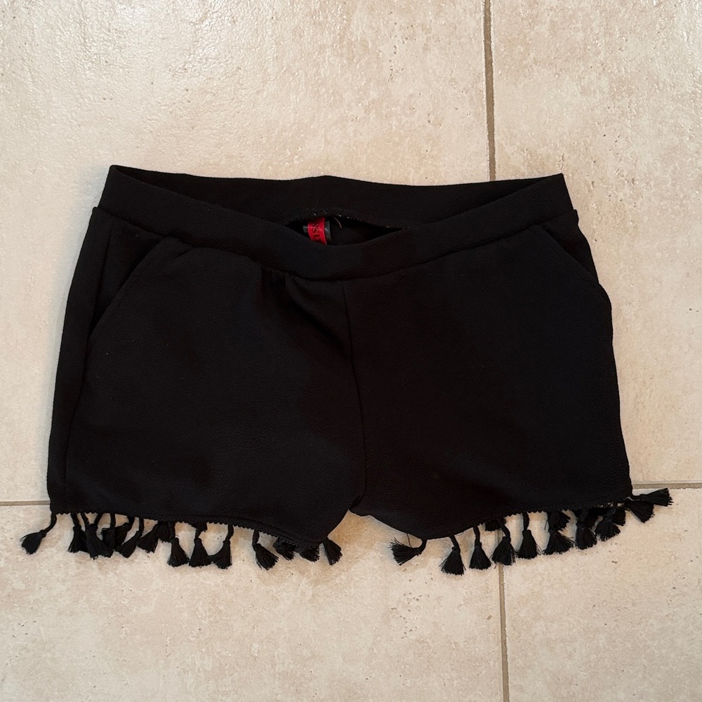Hot Kiss Black High Waist Shorts with Tassel Trim